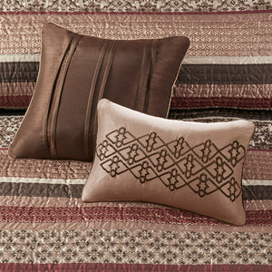 JLA Home Madison Park - 5 Piece Reversible Jacquard Quilt Set with Chocolate Brown Leaf, Stripe & Medallion Motifs, Luxury Texture Red MP13-615