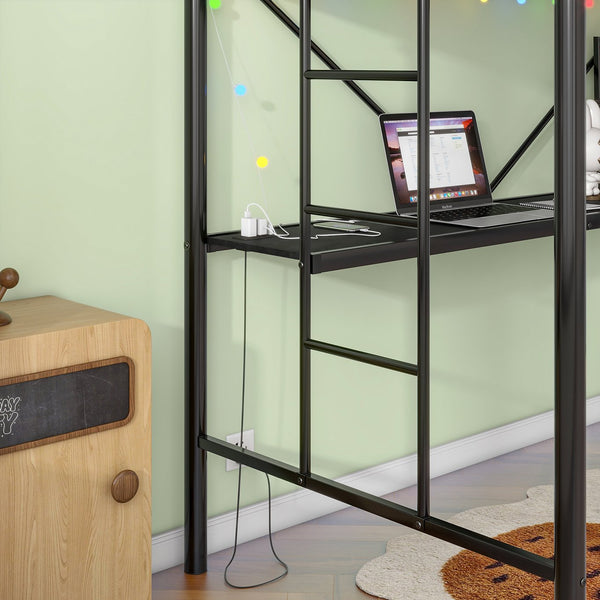English Elm Twin Metal Loft Bed with Desk, LED Mood Lights, Full Safety Guardrails, Built-in Power Outlet & USB W840P192240