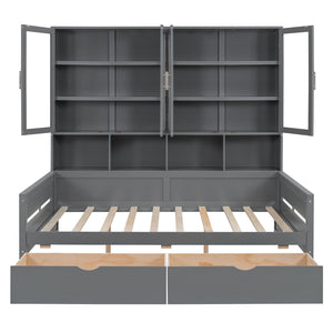 English Elm Full Size Wooden Daybed With Stylish Led Lighting, Glass Storage Cabinets & Versatile Shelves In Gray N820S00051E