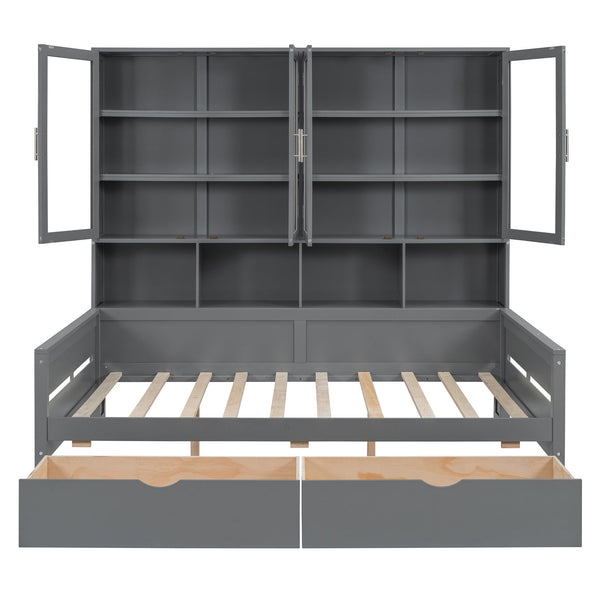 English Elm Full Size Wooden Daybed With Stylish Led Lighting, Glass Storage Cabinets & Versatile Shelves In Gray N820S00051E