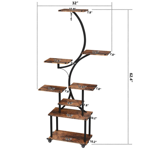 English Elm Plant Stand Indoor With Integrated Grow Lights, 62" Tall 8-Tier Mobile Plant Shelf For Any Room T3210P356960-GIGA