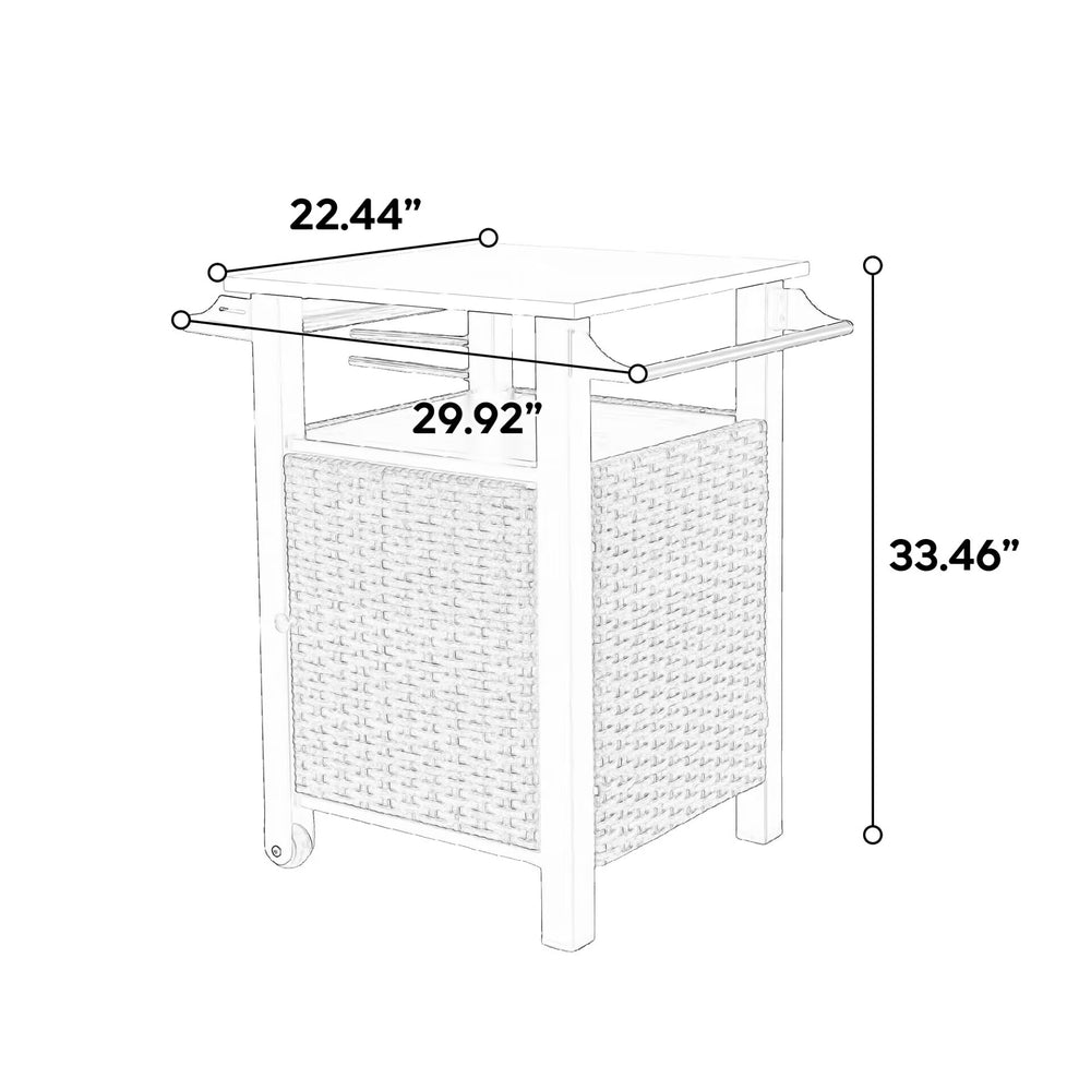 English Elm Single outdoor bar cart with wicker storage, stainless steel expandable top, wheels, wine rack & hooks for patio use W640P256896