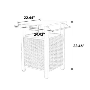 English Elm Single outdoor bar cart with wicker storage, stainless steel expandable top, wheels, wine rack & hooks for patio use W640P256896