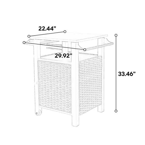 English Elm Single outdoor bar cart with wicker storage, stainless steel expandable top, wheels, wine rack & hooks for patio use W640P256896