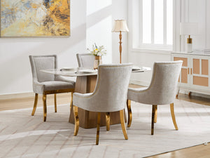 English Elm Chenille Modern Dining Chair with Curved Gold-Plated Legs, Rivet Trim, Textured Upholstery Comfort Beige W1143P332684