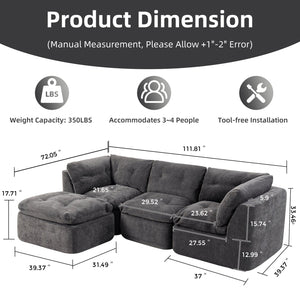 English Elm Modern Chenille Cloud Sectional with Ottoman Deep Sink Modular L Shaped Living Room Sofa Dark Grey W2379S00004