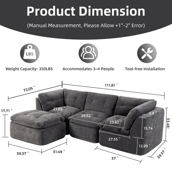 English Elm Modern Chenille Cloud Sectional with Ottoman Deep Sink Modular L Shaped Living Room Sofa Dark Grey W2379S00004