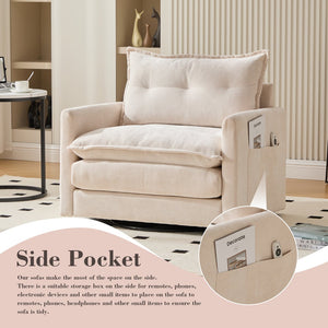 English Elm UNITED Swivel Barrel Chair with Chenille Upholstery, 360° Smooth Rotation, Padded Arm Comfort and Side Pockets for Living Room Relaxation Beige W1568P290083
