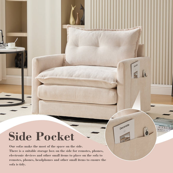 English Elm UNITED Swivel Barrel Chair with Chenille Upholstery, 360° Smooth Rotation, Padded Arm Comfort and Side Pockets for Living Room Relaxation Beige W1568P290083
