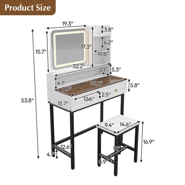 English Elm Makeup Vanity Set with Rotating Led Mirror Amber Glass Top Drawers and Charging Station N704P385441K