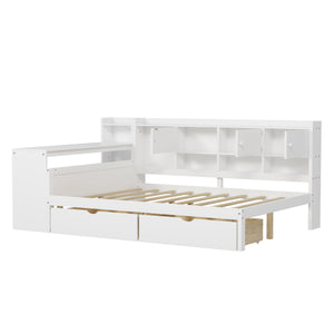 English Elm Full Full Size Wooden L-Shape Daybed with 7 Cabinets, 2 Drawers, Desk & Bookshelf — Space-Saving White N733S351674K