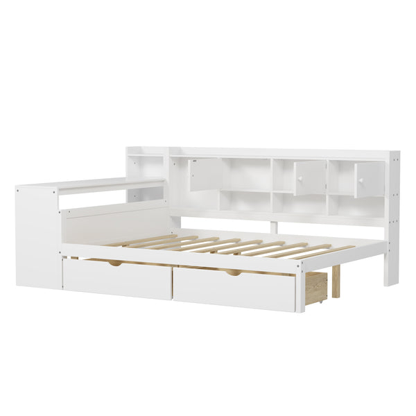 English Elm Full Full Size Wooden L-Shape Daybed with 7 Cabinets, 2 Drawers, Desk & Bookshelf — Space-Saving White N733S351674K