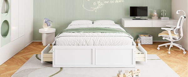 English Elm Wood Queen Size Platform Bed Frame with 6 Drawers for Storage, Sturdy Pine/MDF Slat System, 500lb Capacity White N709P241723K