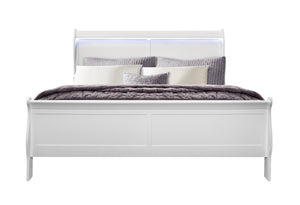 English Elm CHARLSTON Solid Wood Full Sleigh Bed with LED Headboard, Transitional Panel Design, Durable Finish White King B201S00007