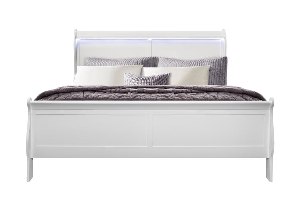 English Elm CHARLSTON Solid Wood Full Sleigh Bed with LED Headboard, Transitional Panel Design, Durable Finish White King B201S00007