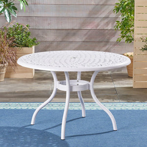 English Elm Dieter Cast Aluminum Round Outdoor Dining Set Seats Four with Scrollwork Lattice Detail N776P381164W-4_54588.00WHI
