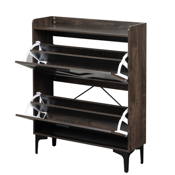 English Elm Shoe Cabinet with 2 Flip Drawers and Open Shelves, Slim Rustic Brown Entryway Organizer, Space-Saving Wood Storage W679P154753