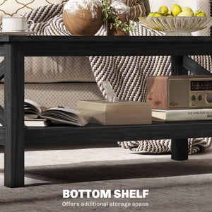 English Elm HOMCOM Modern Farmhouse Glass Coffee Table with Tempered Top, Lower Storage Shelf & X-Frame Design Black W2225P229136