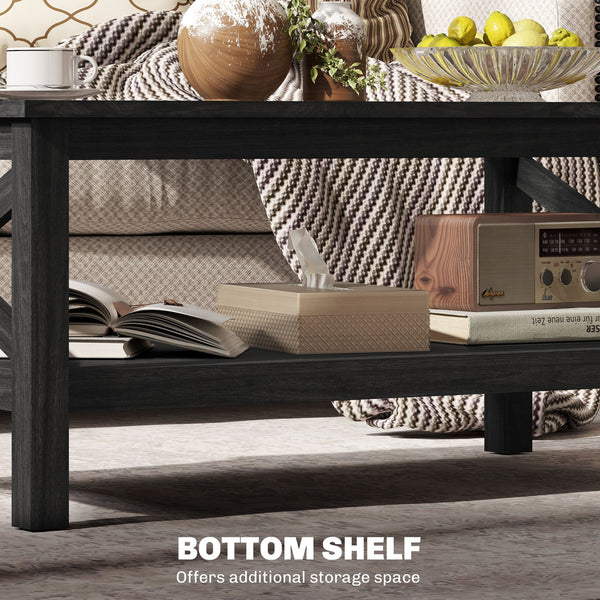 English Elm HOMCOM Modern Farmhouse Glass Coffee Table with Tempered Top, Lower Storage Shelf & X-Frame Design Black W2225P229136