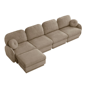 English Elm 137" Oversized Chenille Sectional Sofa with Movable Ottoman and Quilted Cushions Light Coffee W714S01763