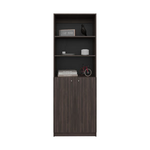 English Elm 2-Door Engineered Wood Bookcase with Upper Open Shelves, Dark Walnut & Black, Sturdy Storage Solution B097P350332