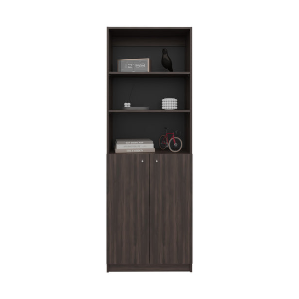 English Elm 2-Door Engineered Wood Bookcase with Upper Open Shelves, Dark Walnut & Black, Sturdy Storage Solution B097P350332