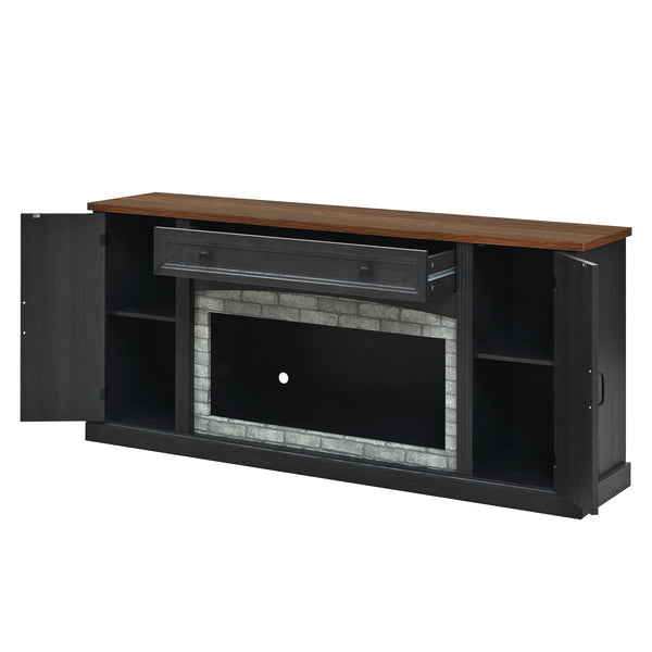English Elm Elegant Walnut Media Console with Gray Brick Base Open Bay and Adjustable Shelving Black N721P394506B