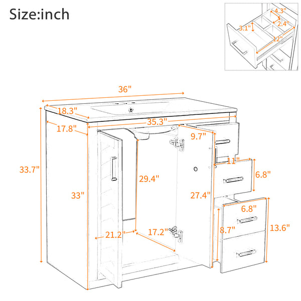 English Elm 36'' Bathroom Vanity with Ceramic Sink Combo Solid Wood Frame Soft-Closing Drawers Ample Storage Elegance White N710P243327K