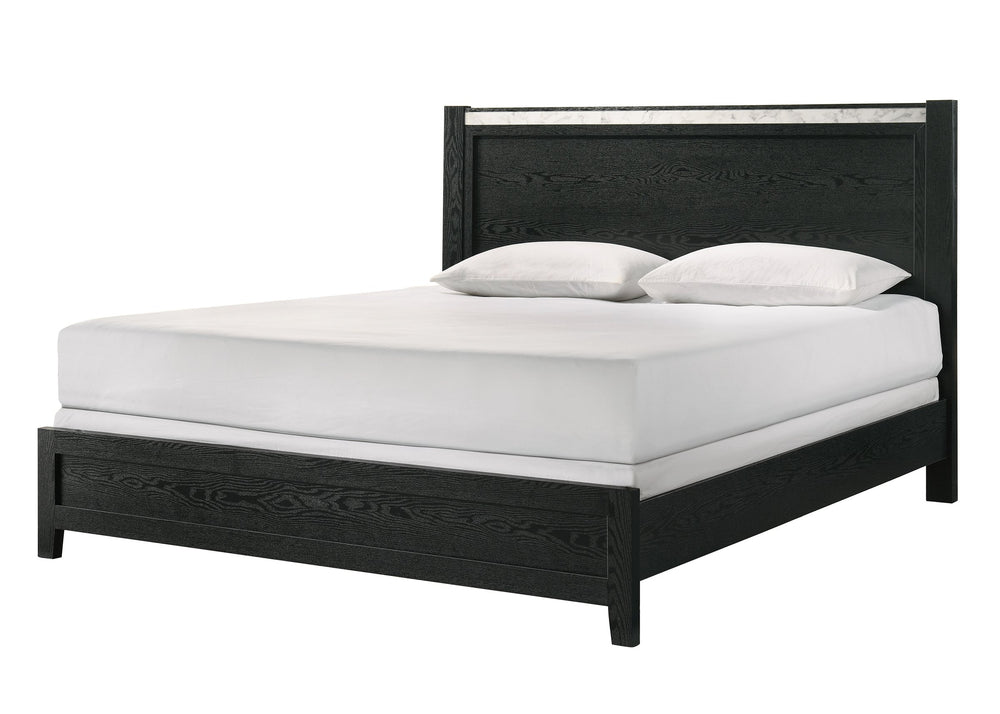 English Elm 1pc Queen Panel Bed with Faux Marble Accents and Upholstered Headboard for Contemporary Retreat Black,White 81.81 L x 30 W x 4.96 H B2741S00590