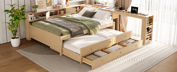 English Elm Twin Daybed Pine Frame with Trundle Desk Hutch Shelves and Storage for Kids Rooms Gold W1580S00463