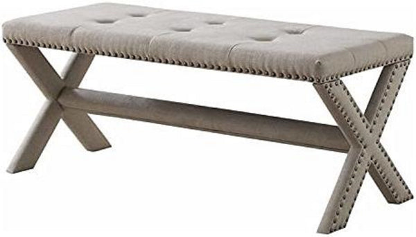 English Elm Glam Button Tufted Upholstered Bench with Nailhead Trim and X Trestle Legs Natural B011P450616