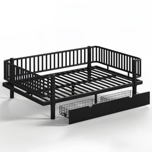 English Elm Full Size Metal Platform Storage Bed Low Profile Steel Frame with Built-in Drawers Black W5305P471350
