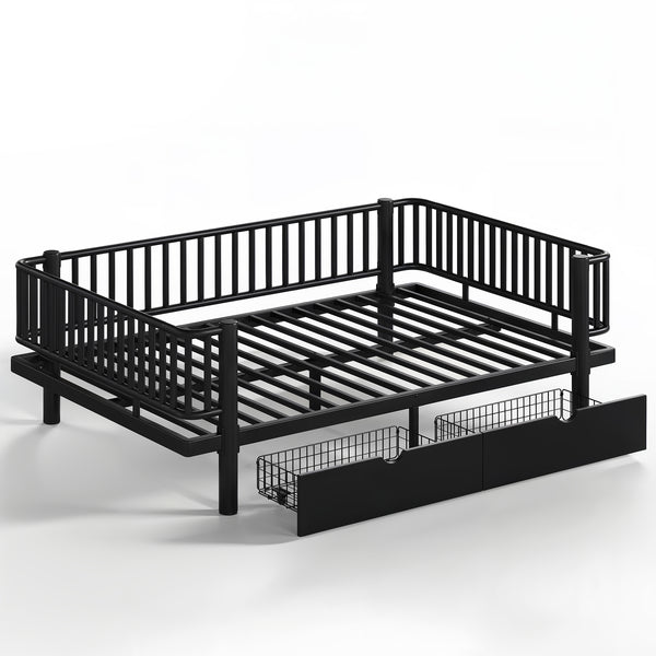 English Elm Full Size Metal Platform Storage Bed Low Profile Steel Frame with Built-in Drawers Black W5305P471350