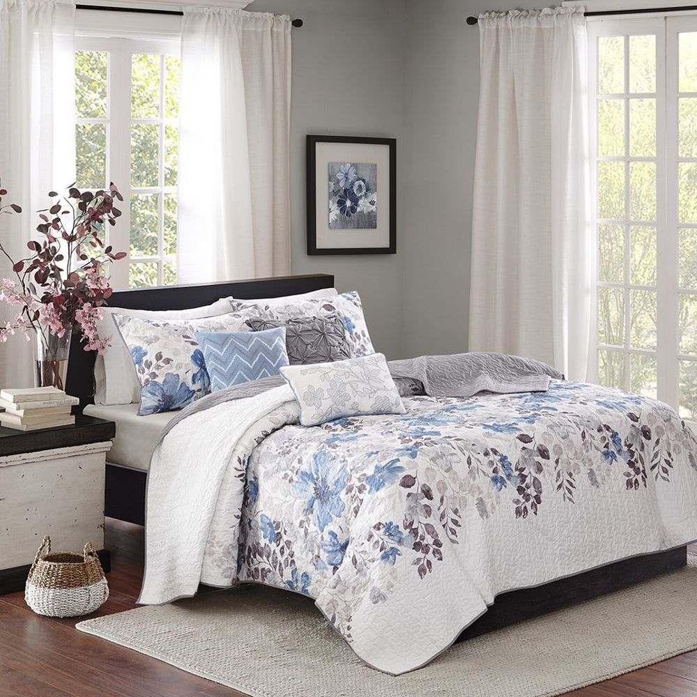 JLA Home Madison Park - 6 Reversible Quilt Set with Watercolor Floral Panel, Ivory Accents & Decor Pillows for Tranquil Bedrooms Blue MP13-2121
