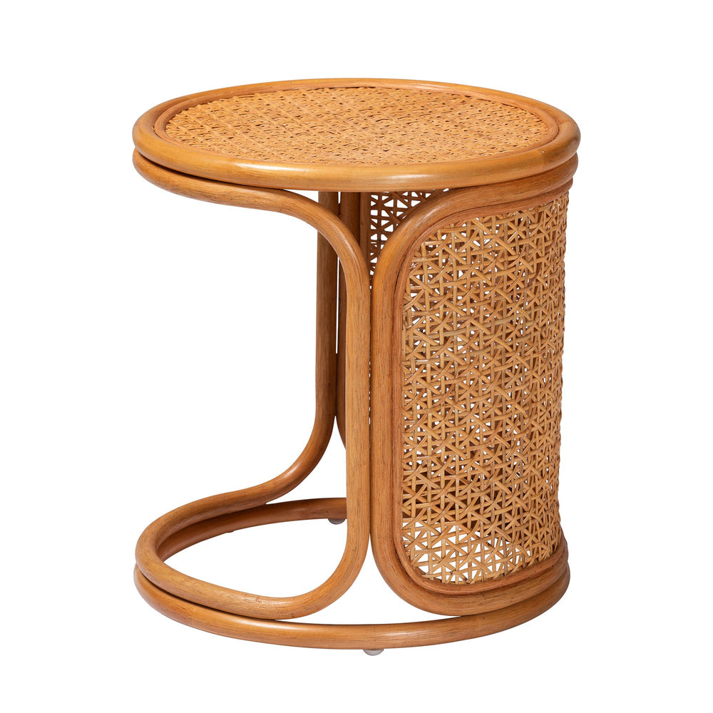 English Elm Bohemian Geometric Woven Rattan Round End Table for Living Room or Bedroom Nook B2750P420410