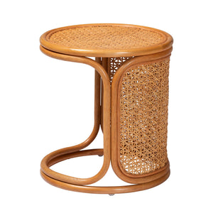English Elm Bohemian Geometric Woven Rattan Round End Table for Living Room or Bedroom Nook B2750P420410