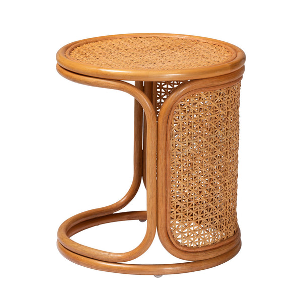English Elm Bohemian Geometric Woven Rattan Round End Table for Living Room or Bedroom Nook B2750P420410