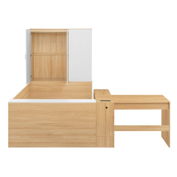 English Elm Full Size Wooden Platform Bed With 6 Drawers, Desk, Shelves & Wardrobe - Stylish Natural Finish N820S00060N