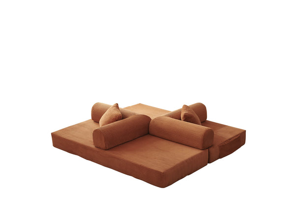 English Elm 78.8" Corduroy Modular Floor Sofa Convertible Sleeper Futon with Pillow Back Support Orange W5617P455986