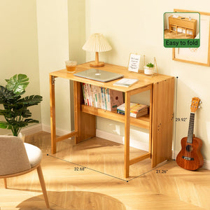 English Elm Bamboo Foldable Study Desk Solid Natural Wood Space Saving Home Office Dorm Table W2641P408486