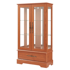 English Elm Lighted Glass Curio Cabinet - Elegant Dark Oak Display With Adjustable Shelves, Built-In Drawer & Bulb W1758P300114
