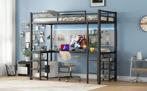 English Elm Twin Xl Metal Loft Bed With Integrated Desk And Storage, Stylish Space-Saving Solution In Black Finish W1580S00045-GIGA