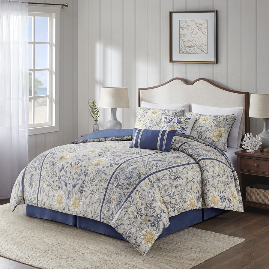 JLA Home Harbor House Blue - 6 Piece Cotton Comforter Set - 100% Cotton Botanical Yellow & Blue, OEKO-TEX, Reversible Plush Hotel-Style Bedding HH10-1802