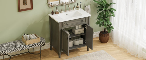 English Elm Christopher Knight Home® - 30 Inches Vintage Bathroom Vanity With Sink – Rustic Gray Cabinet, Soft-Close Doors & Ceramic Top N817P299472G