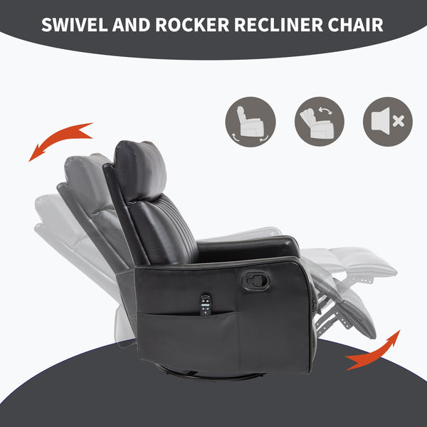 English Elm Blue Fabric Swivel Rocker Recliner with Massage Heat Nodes for Living Room Comfort Black Pu W1803P321812