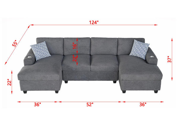 English Elm Multifunctional Corduroy Modular Sectional with Dual Chaise Cup Holders Living Room Dark Gray B2730S00077