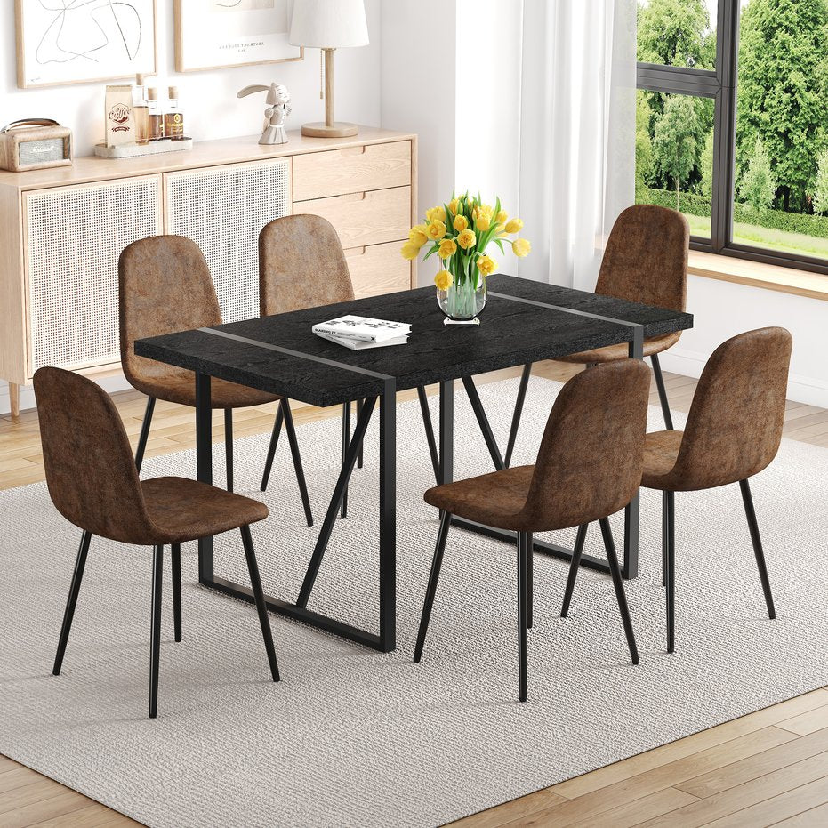 English Elm Table and Chair Set Retro Rectangular Dining with Brown Fabric Seats for Six W1151S04384