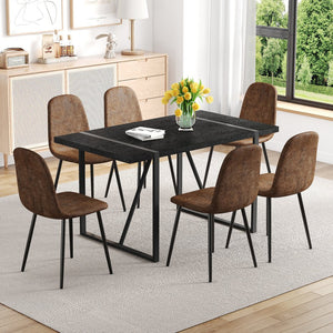 English Elm Table and Chair Set Retro Rectangular Dining with Brown Fabric Seats for Six W1151S04384