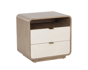 Sunpan Kayden Nightstand: Timeless Light Wash Acacia Wood Design with Oyster Shagreen Drawers & Brass Hardware