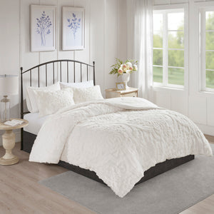 English Elm 3 Viola Tufted Cotton Chenille Damask Comforter Set King/Cal King Off-White - Oeko-Tex, Cottage Chic B03597088